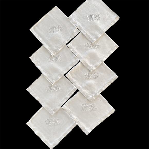 Set of 8 Vintage Damask Linen Napkins 18x18 Monogram RL Hemstitch Border White - Picture 1 of 3